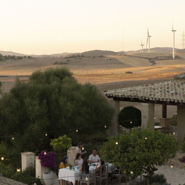 Elegant Mediterranean boutique hotel with whitewashed walls, arched windows and rustic wooden beams nestled among olive groves in Spain