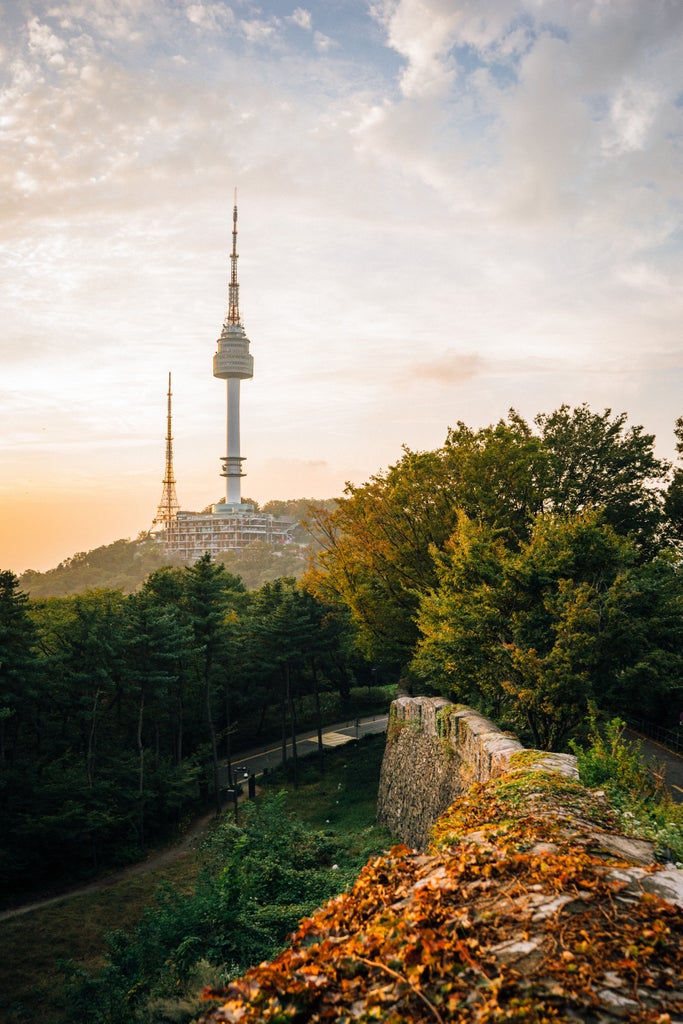 Serene Buddhist monk meditating at ornate Bongeunsa Temple courtyard with iconic Seoul Tower illuminated at dusk in background