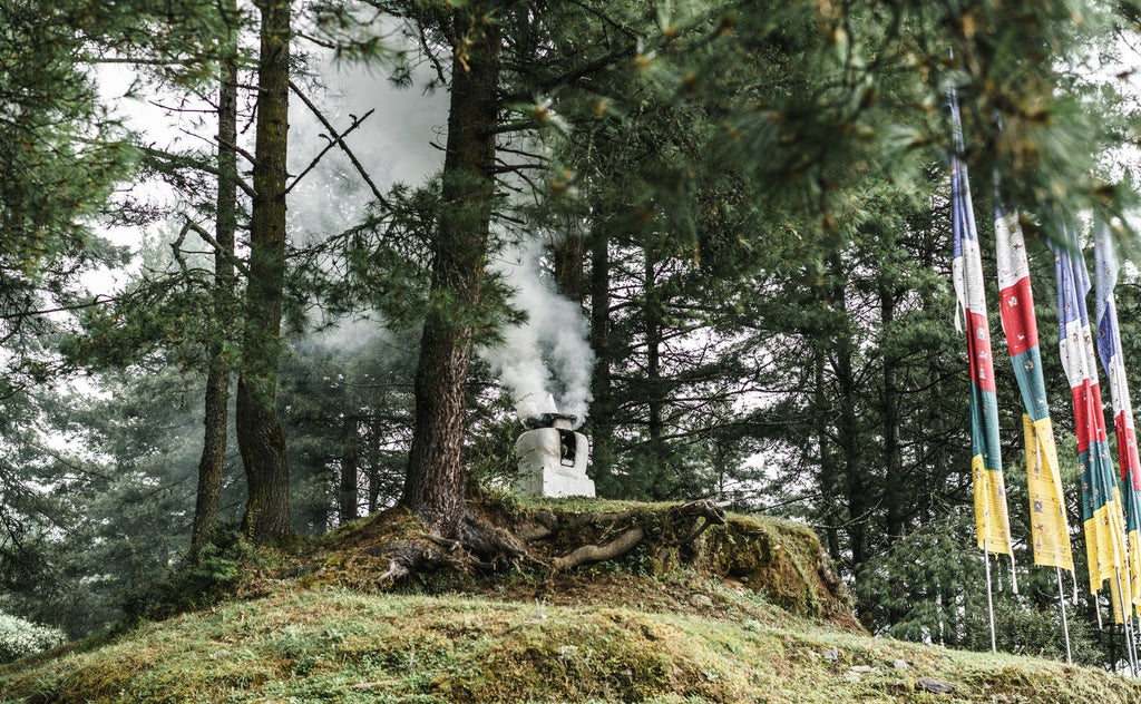 Luxurious mountain lodge with floor-to-ceiling windows overlooking misty Bhutanese valley, surrounded by pine forests and traditional architecture