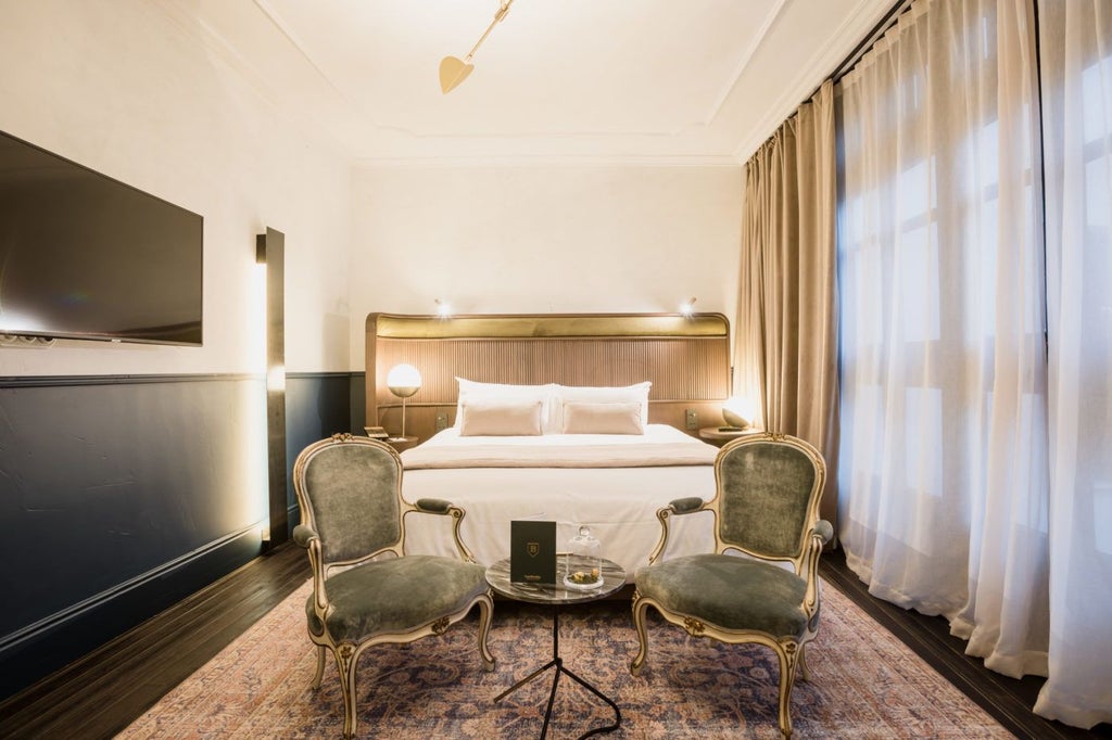 Elegant junior suite with ornate antique furnishings, plush king bed, and soft natural light streaming through large windows in Spanish luxury hotel