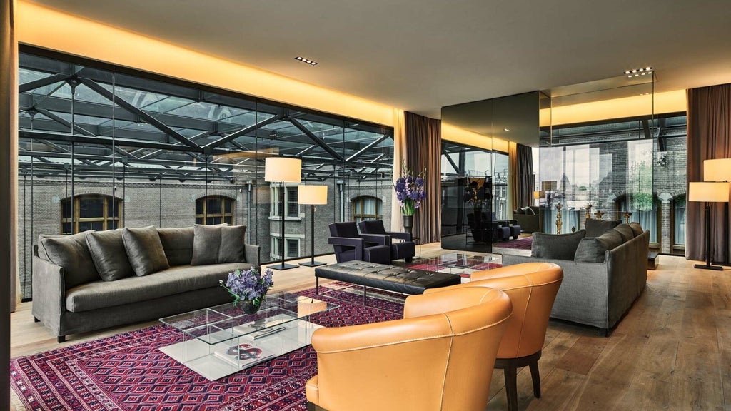 Luxurious penthouse suite at Conservatorium Hotel, Amsterdam, featuring modern design, floor-to-ceiling windows with city view, elegant furnishings, and refined architectural details