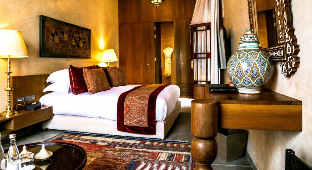 Elegant Moroccan-style superior deluxe hotel room with intricate tile work, plush bedding, and traditional architectural details in warm, rich tones