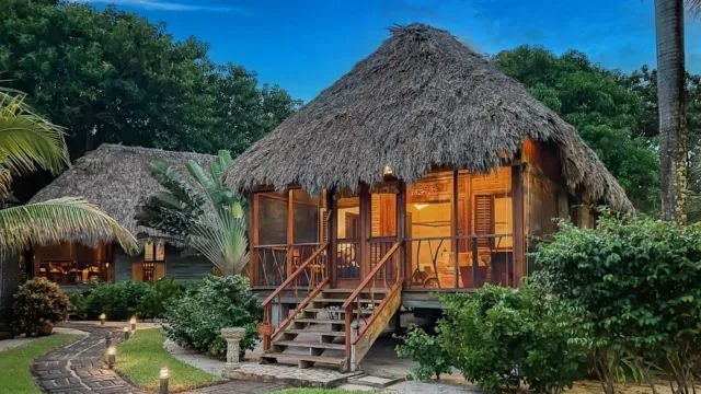 Elegant beachfront suite with wooden furnishings, tropical greenery, and soft natural light, showcasing a serene Argentine coastal retreat with rustic luxury