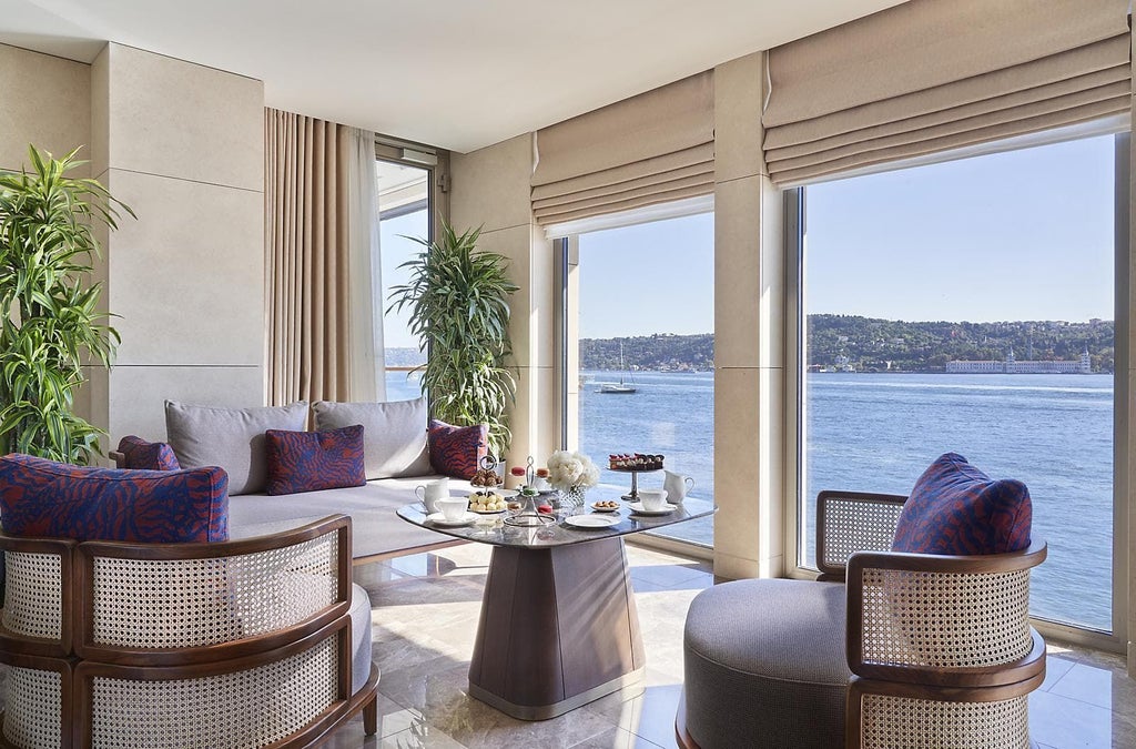 Luxurious royal suite with panoramic Bosphorus views, elegant contemporary design, plush king bed, and Istanbul's skyline framed by floor-to-ceiling windows.