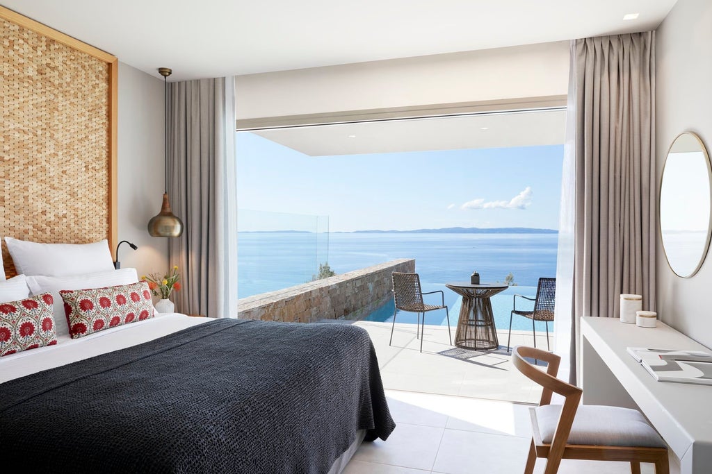 Elegant standard double room with panoramic sea view, crisp white linens, modern minimalist design, and azure Aegean waters framed by floor-to-ceiling windows in Greece