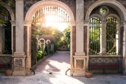 Luxurious private villa nestled in lush Argentinian landscape, with elegant stone walls, vibrant green gardens, and warm golden sunlight filtering through trees