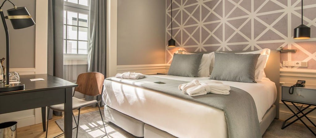 Luxurious hotel room with panoramic city view, modern minimalist decor, soft neutral tones, floor-to-ceiling windows overlooking urban landscape of Portugal