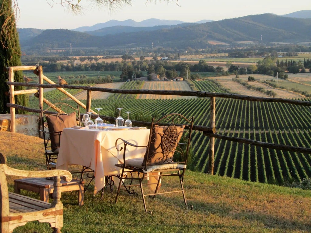 Luxurious Tuscan wine resort nestled among rolling vineyards, with elegant stone architecture and panoramic views of the verdant Italian countryside at sunset