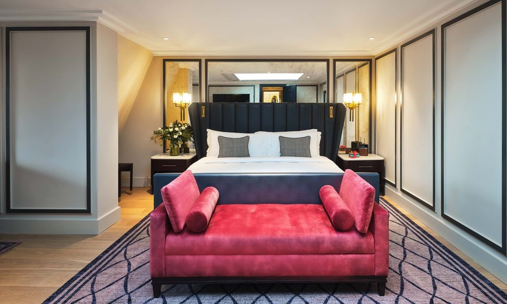 Elegant Skylight Suite at The Mayfair Townhouse, featuring plush king bed, contemporary design, and soft natural lighting from expansive skylights in London