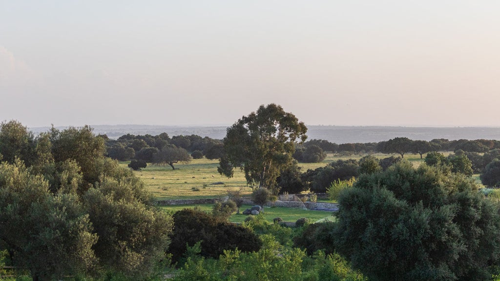 Elegant stone farmhouse hotel with whitewashed walls set against rolling Portuguese countryside, featuring rustic-luxe architecture