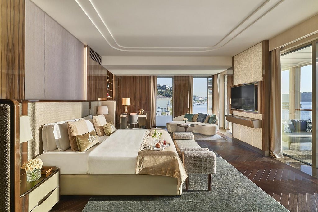 Spacious royal suite with panoramic Bosphorus views, elegant contemporary design, plush king bed, marble bathroom, and Istanbul's scenic skyline through floor-to-ceiling windows