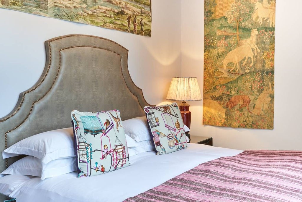 Luxurious king-sized bed with plush white linens, soft neutral decor, and elegant minimalist design in a cozy UK boutique hotel room with warm lighting