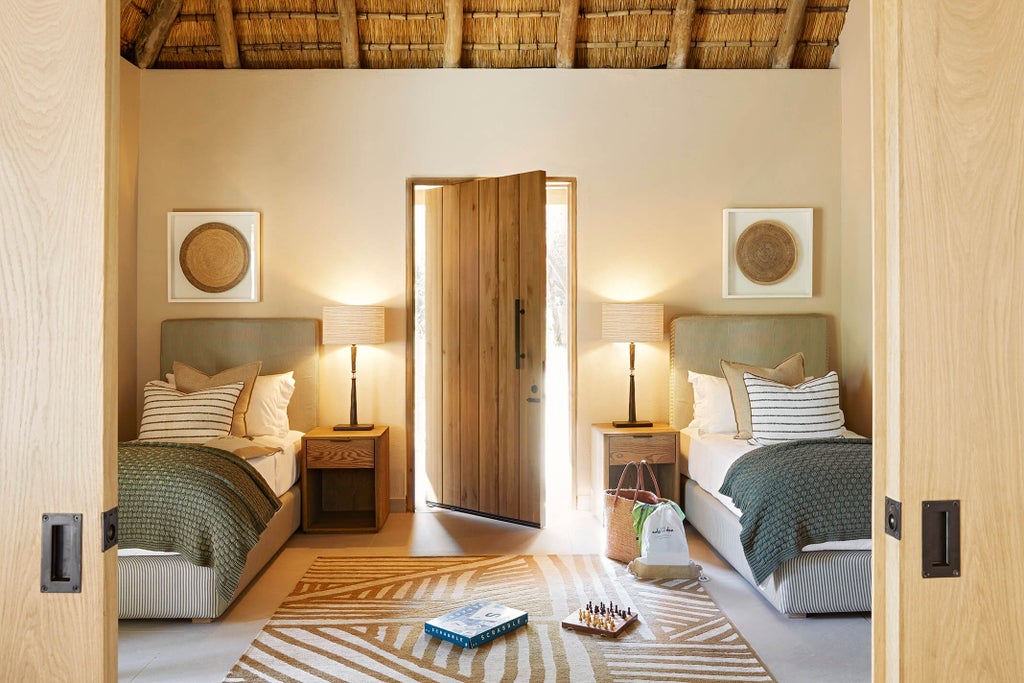 Intimate luxury safari lodge overlooking African bushveld, featuring thatched-roof cottages with private viewing decks and plunge pools