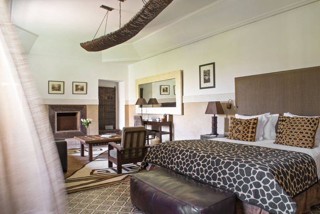 Traditional Moroccan riad with ornate courtyard featuring elegant fountain, lush orange trees, and geometric tilework under covered archways