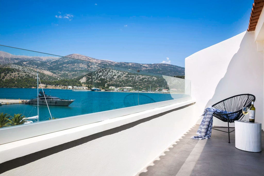 Luxurious seaside hotel with white Mediterranean architecture overlooking blue Aegean waters, elegant balconies, and lush green landscape in Scenset, Greece