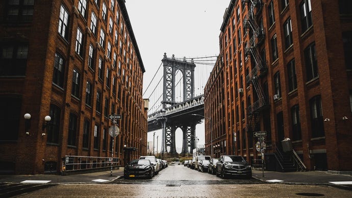 An iconic shot of the Manhattan Bridge from the DUMBO neighborhood of Brooklyn