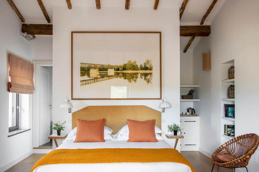 Elegant Italian junior suite with rustic terracotta floors, exposed wooden beams, and plush white bedding overlooking Tuscan countryside landscape