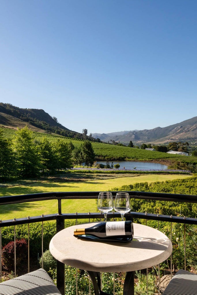 Elegant wine-themed Shiraz Room at Mont Rochelle luxury hotel, featuring rich burgundy accents, plush bedding, and sophisticated South African vineyard-inspired decor