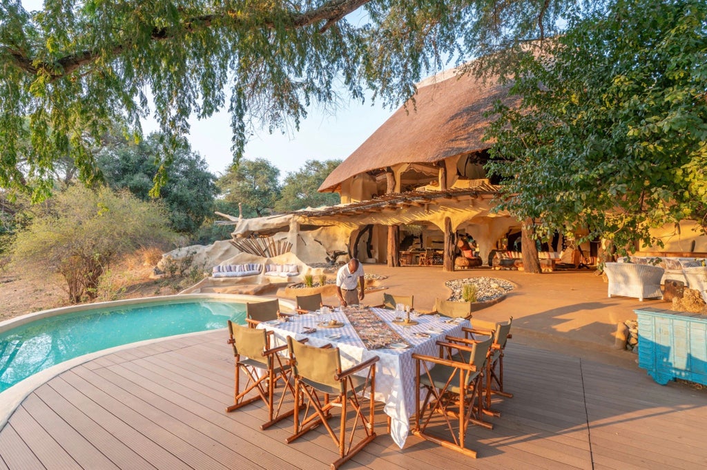 Luxurious open-air safari lodge overlooking Zambezi River, featuring thatched roof, natural stone walls and infinity pool at sunset