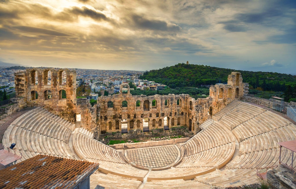 Illuminated ancient Acropolis and Parthenon atop hill at dusk, overlooking modern Athens cityscape with twinkling lights below