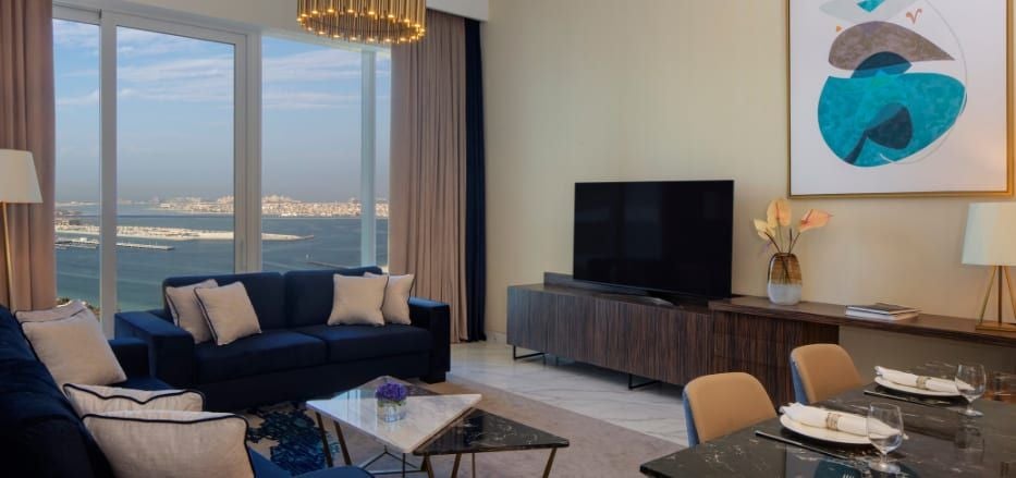 Spacious two-bedroom sea view apartment with modern luxury design, overlooking Dubai's scenic coastline from Avani+ Palm View Hotel & Suites