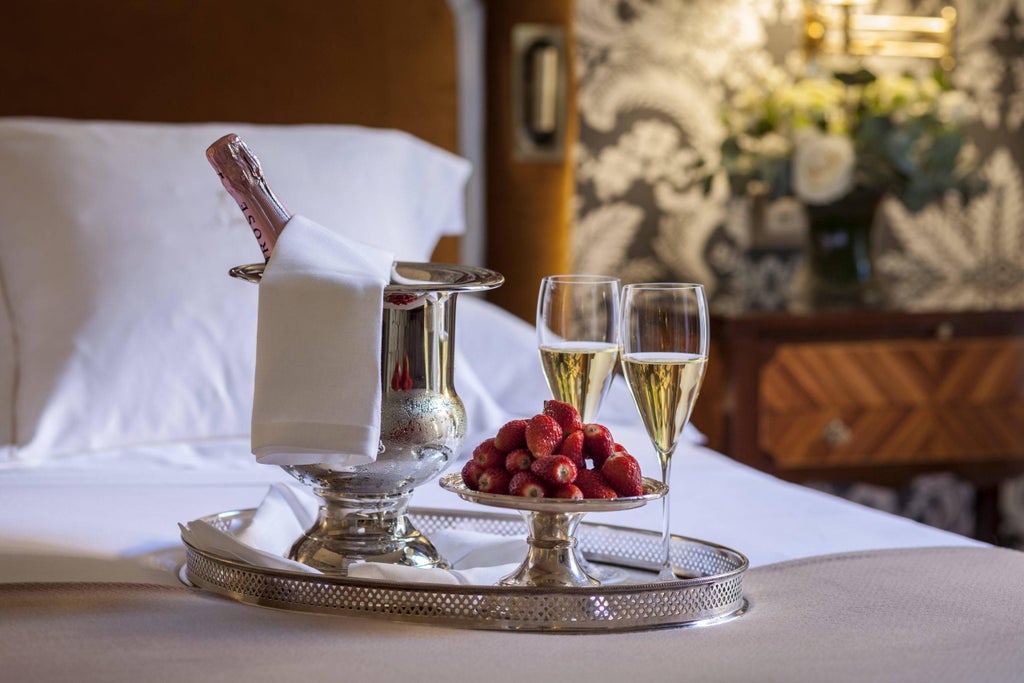 Elegant 19th-century boutique hotel with ornate wrought-iron balconies, classical stone facade and manicured greenery in Madrid's Chamberí