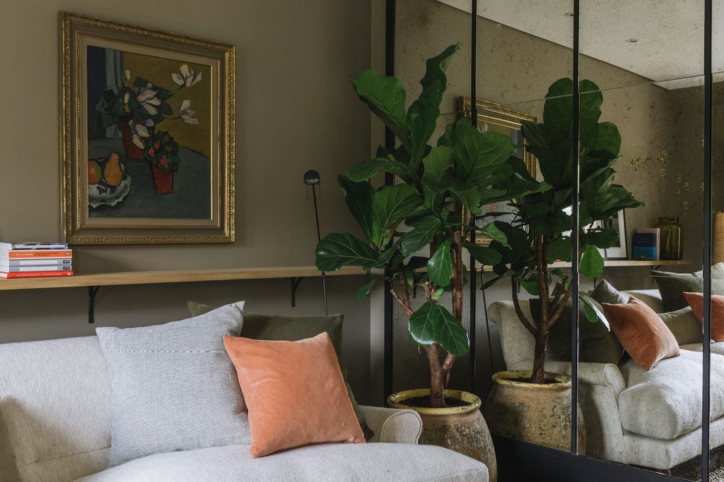 Elegant master bedroom at Heckfield Place with soft neutral tones, modern four-poster bed, expansive windows overlooking lush countryside landscape