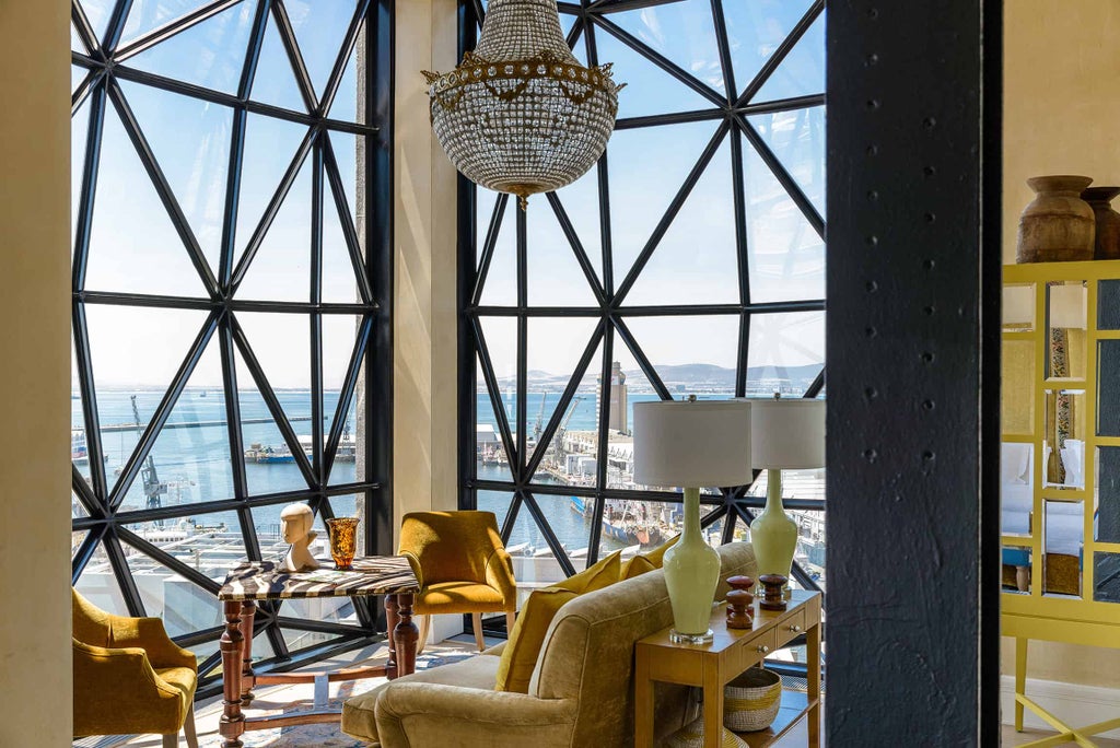 Historic grain silo converted into luxury hotel with geometric windows overlooking Cape Town's V&A Waterfront at golden hour