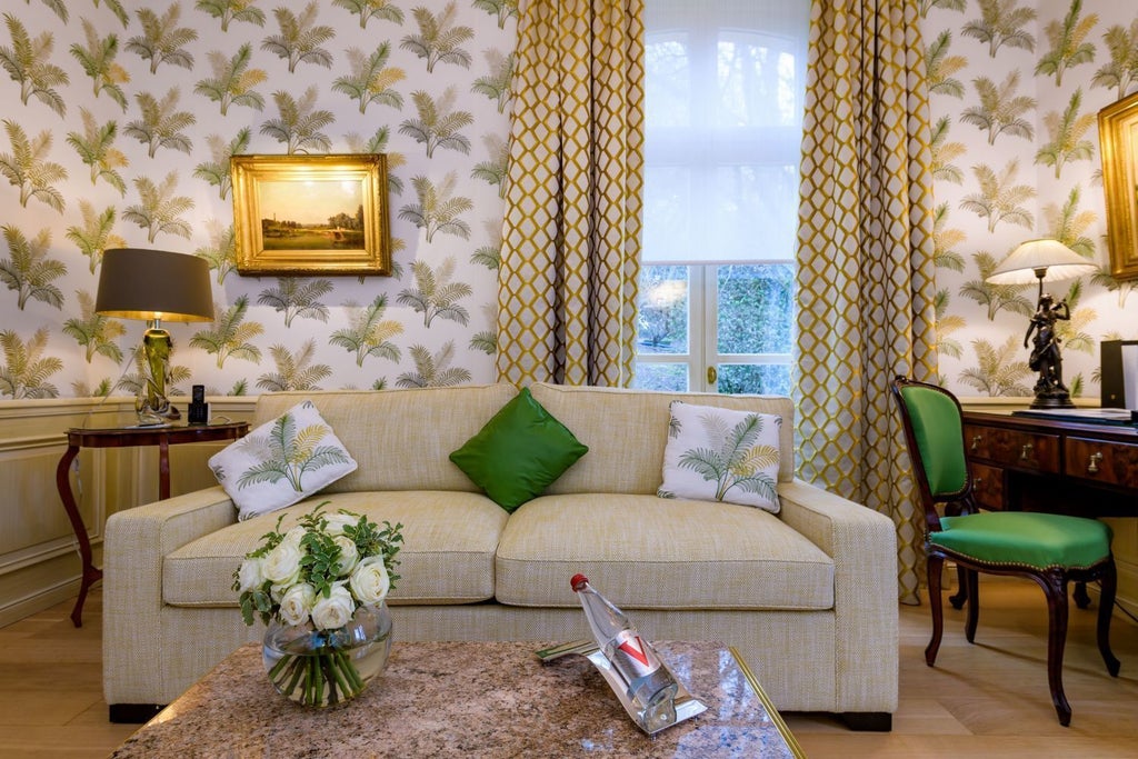 Opulent French hotel room with crystal chandelier, antique furniture, plush king bed, silk drapes and ornate gilded mirror in warm tones