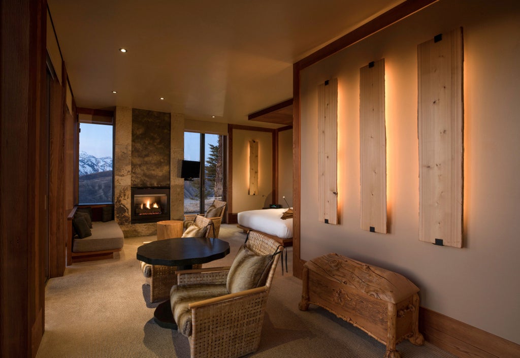 Luxury mountain resort with stone facade and infinity pool overlooking snow-capped Teton Range peaks at sunset in Wyoming