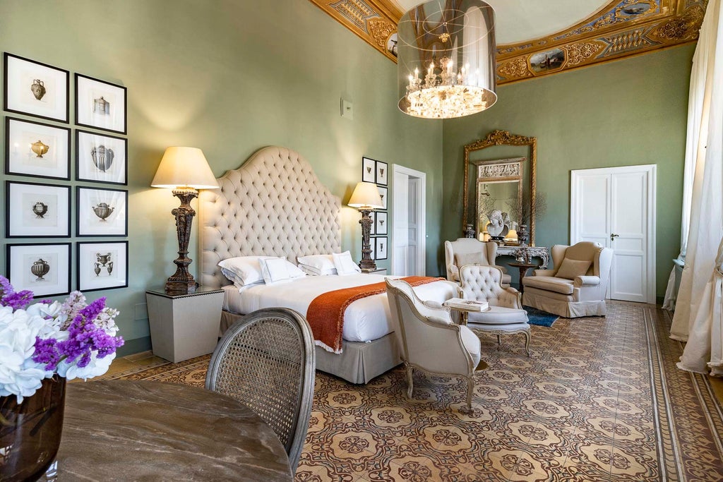 Luxurious stone facade of historic Sicilian boutique hotel with rustic wooden shutters and elegant balconies overlooking Noto's baroque streetscape