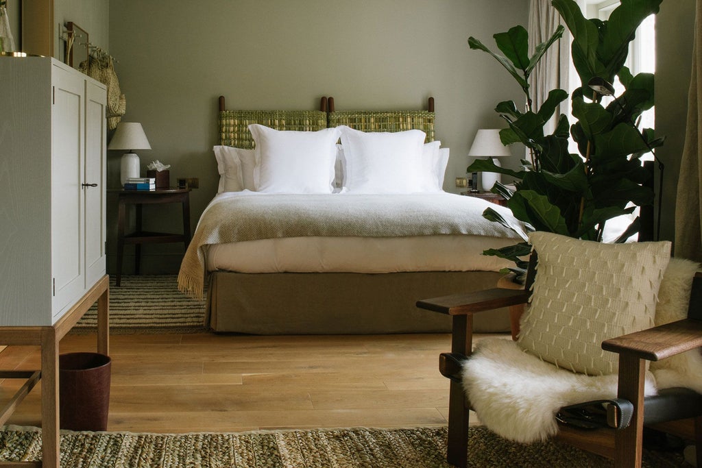 Elegant guest room with soft neutral tones, vintage-inspired wooden furniture, plush bedding, and large windows overlooking lush English countryside at Heckfield Place.