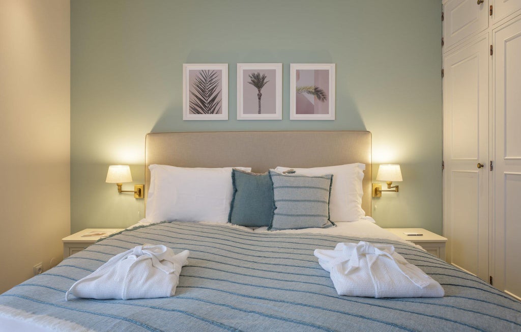 Elegant deluxe hotel room with panoramic ocean view, featuring contemporary design, plush white bedding, and expansive windows overlooking scenic coastal landscape in Portugal