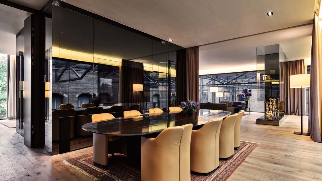 Luxurious penthouse suite with modern design, expansive city views, sleek contemporary furniture, and floor-to-ceiling windows in Amsterdam's iconic Conservatorium Hotel.