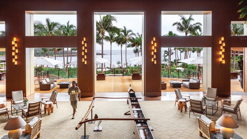 The inviting lobby of the Four Seasons Lana'i