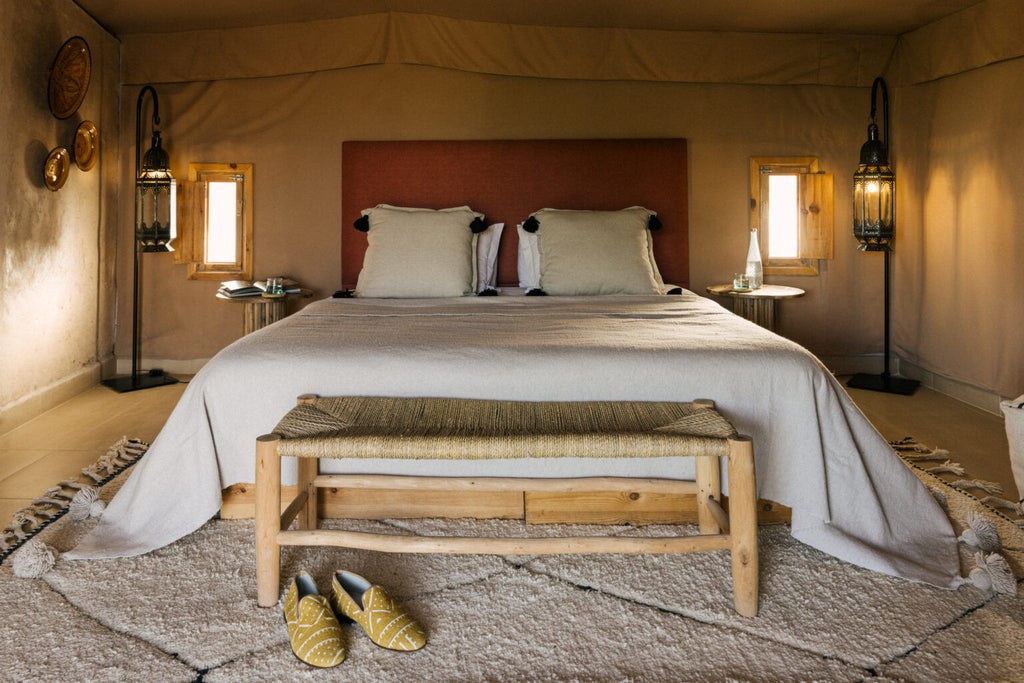 Luxurious desert tent with canvas walls, modern furnishings, rustic decor, and panoramic views of Moroccan sand dunes at sunset