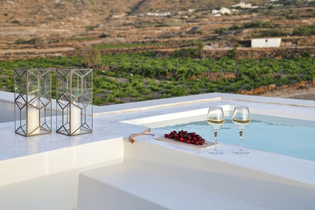 Elegant whitewashed Greek villa with blue-domed roofs overlooking azure Aegean Sea, traditional Cycladic architecture nestled on a sun-drenched cliff