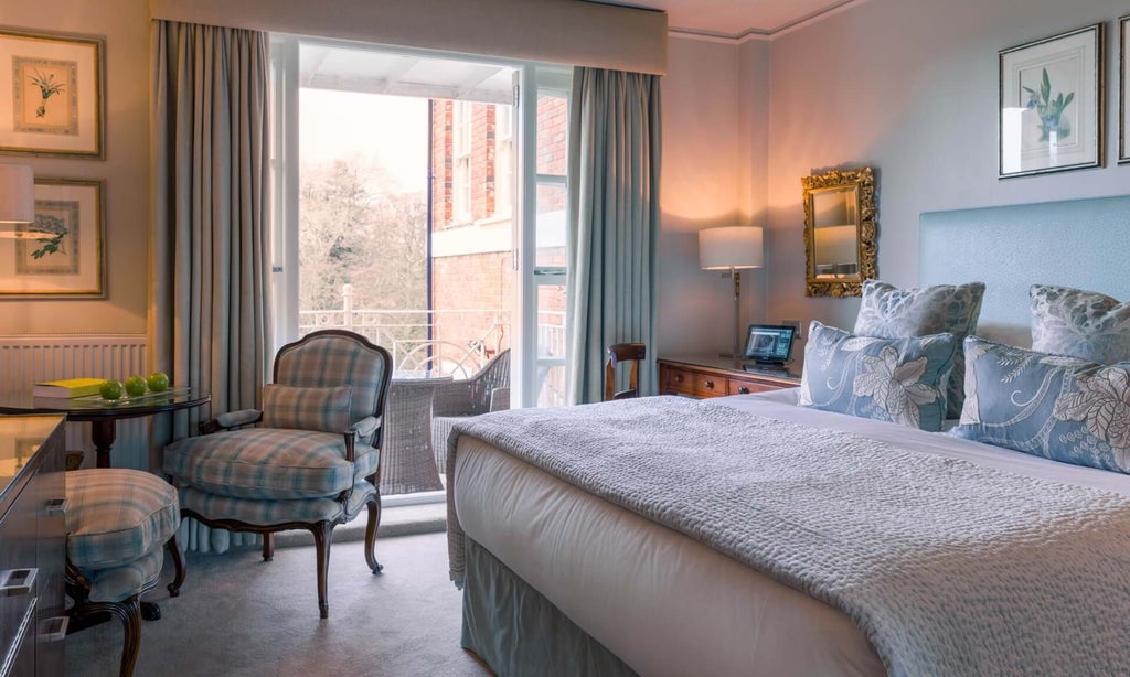 Luxurious garden room at Chewton Glen Hotel & Spa, featuring elegant decor, plush bedding, and French doors opening to lush green landscape in United Kingdom