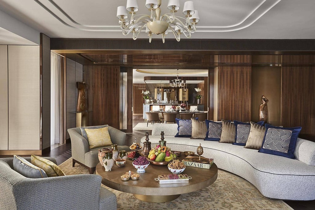 Luxurious two-bedroom royal suite at Mandarin Oriental Bosphorus, overlooking Istanbul's waterfront with elegant modern decor and expansive city-water panorama