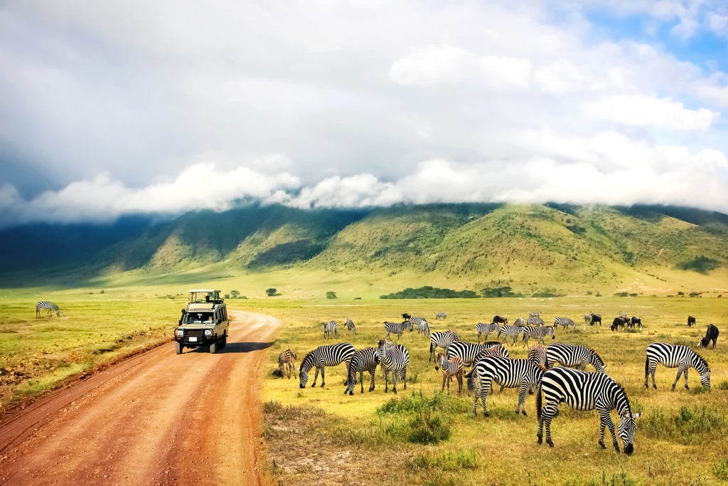 Sweeping aerial view of Ngorongoro Crater's lush caldera, with emerald grasslands and a sparkling lake amid ancient volcanic walls