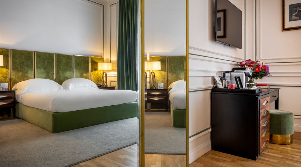 Elegant Italian double room at Palazzo Dama with pristine white linens, modern decor, and large windows overlooking a sophisticated urban landscape.