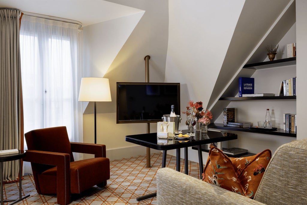 Elegant Parisian suite with plush king bed, designer furniture, soft neutral tones, and large windows overlooking a chic urban landscape in Hotel Montalembert