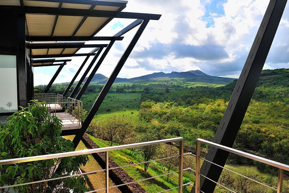 Spacious balcony room at Pikaia Lodge with panoramic view of Galapagos landscape, elegant design, wooden floors, and modern minimalist decor