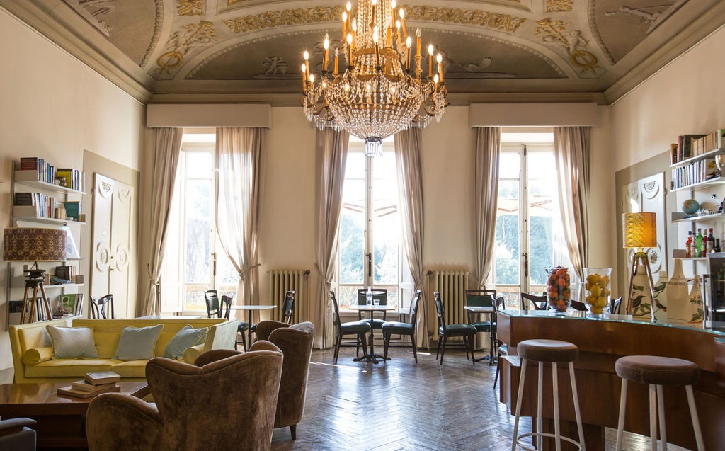 Luxurious boutique hotel suite in Florence with vintage furnishings, ornate ceiling, warm lighting, and elegant decor showcasing Italian design aesthetic