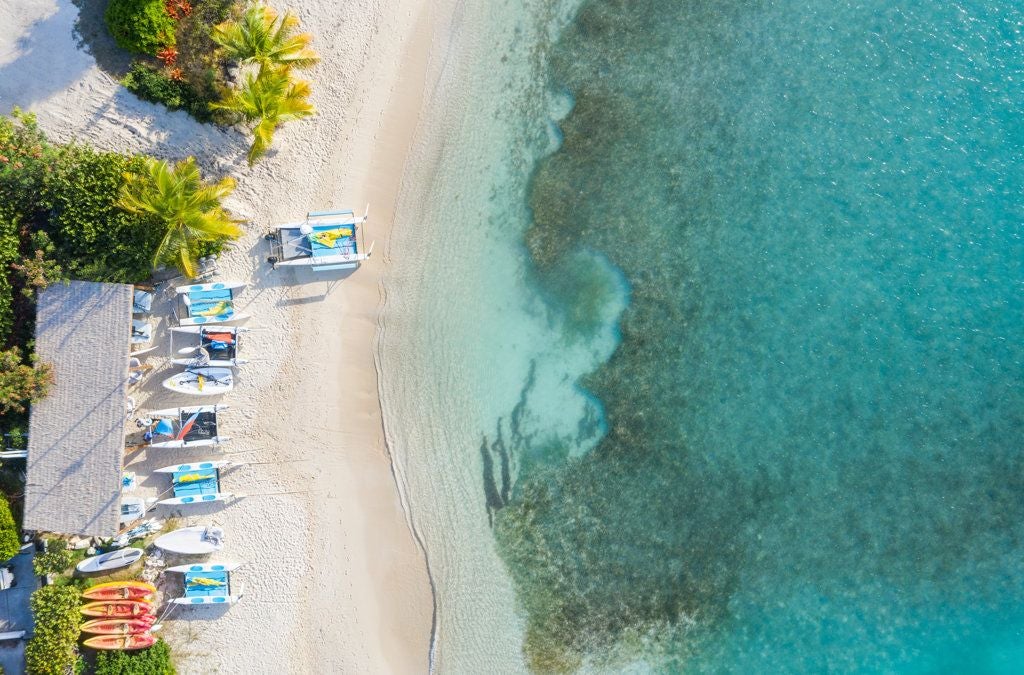 Pristine white sandy beach with turquoise waters, lush palm trees, and an elegant luxury resort nestled on a secluded Antiguan island paradise.