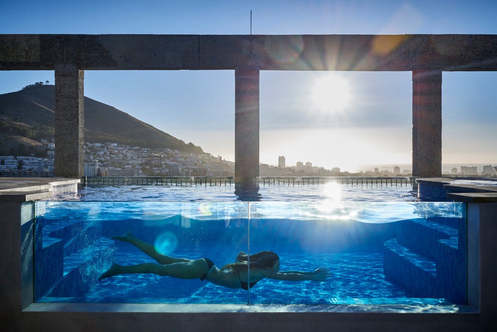 Contemporary luxury hotel with geometric windows in converted grain silo, overlooking Cape Town's V&A Waterfront at sunset