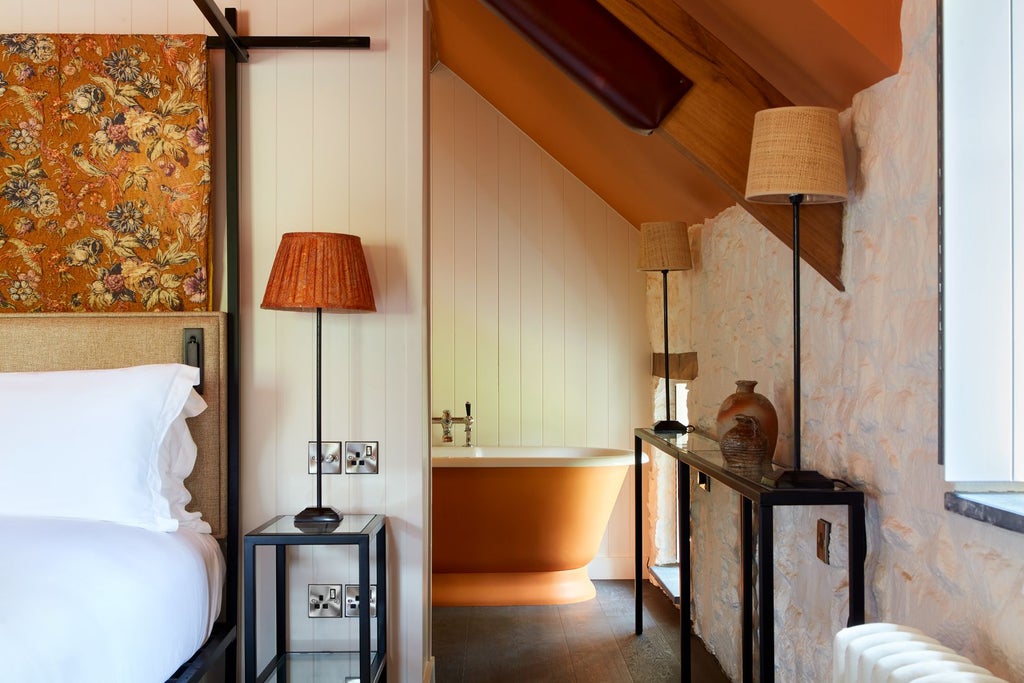 Luxurious bedroom with soft cream walls, rustic wooden headboard, plush white bedding, and elegant countryside view at Grove of Narberth's Byre suite