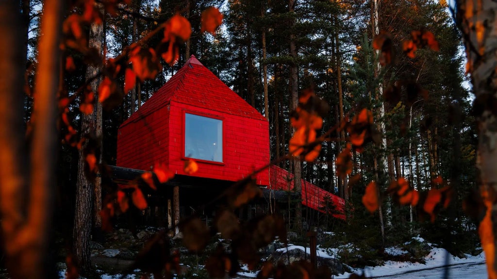 Suspended mirrored treehouse cabin reflecting surrounding pine forest, unique architectural design nestled in Swedish woodland landscape