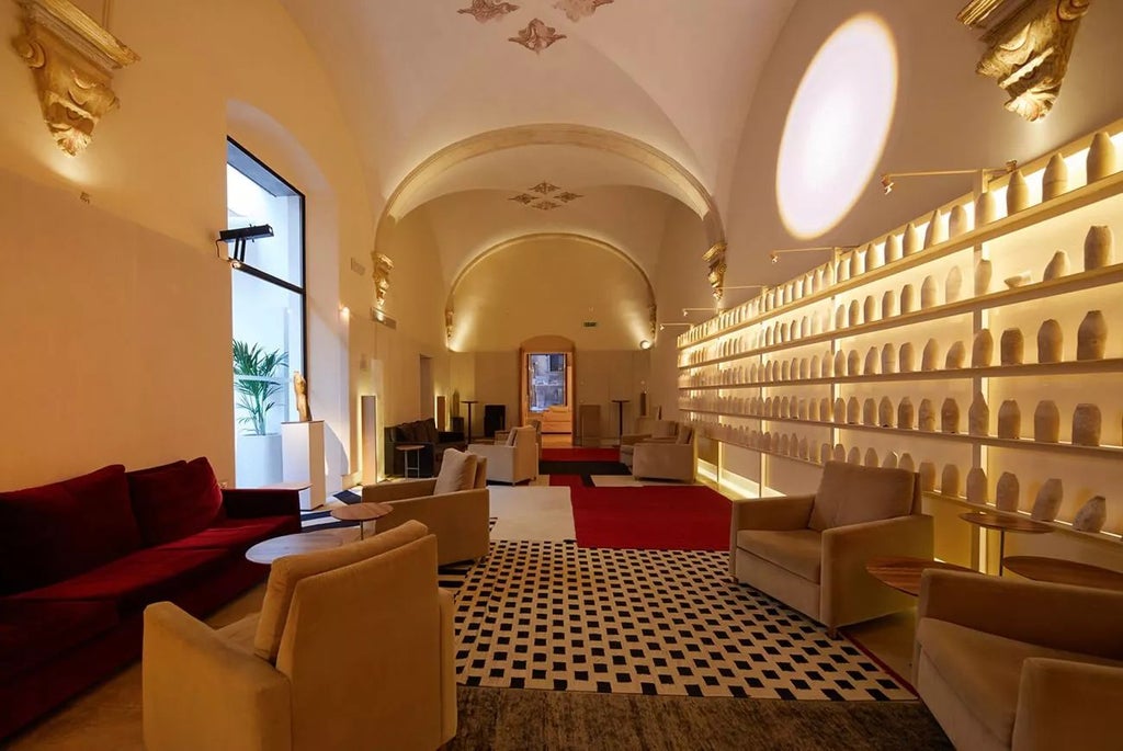 Historic 16th-century luxury hotel in Palma, Mallorca, featuring elegant stone architecture, arched windows, and a tranquil Mediterranean courtyard with lush greenery.