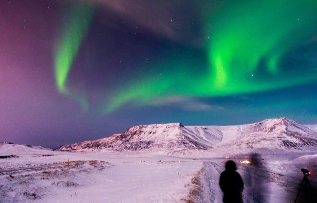 Vibrant green aurora borealis dancing across a dark Icelandic sky, reflecting off a snow-covered landscape with silhouetted mountains